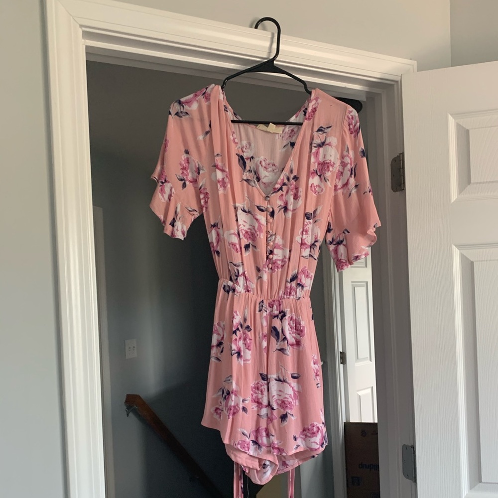 Belted Pink Floral Romper